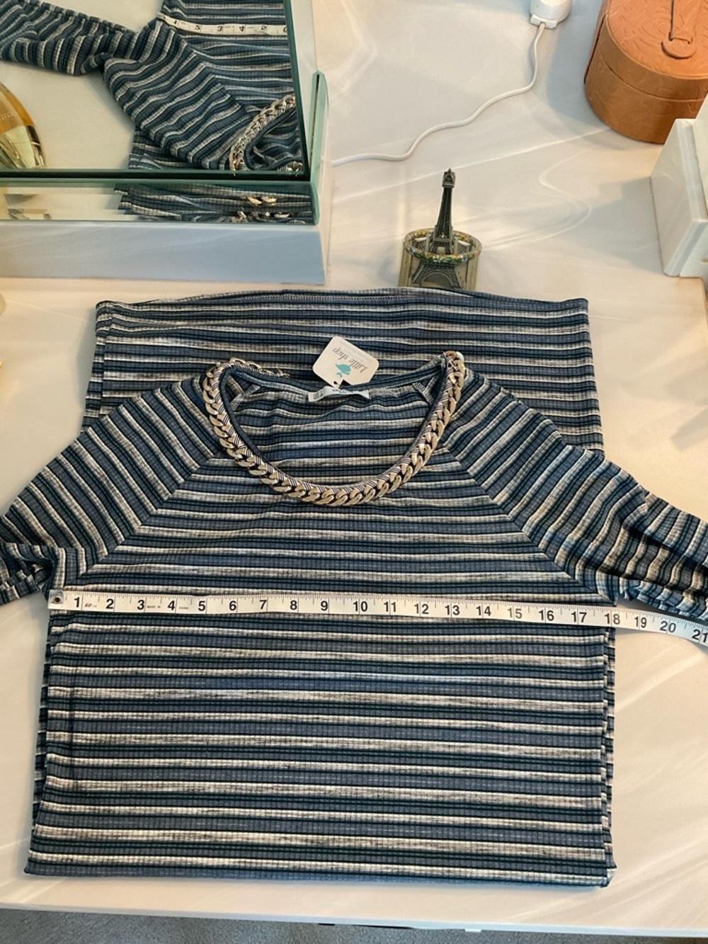 Striped Long-Sleeve Navy and White Shift Dress with Chain Detail US Large - Picture 6 of 8